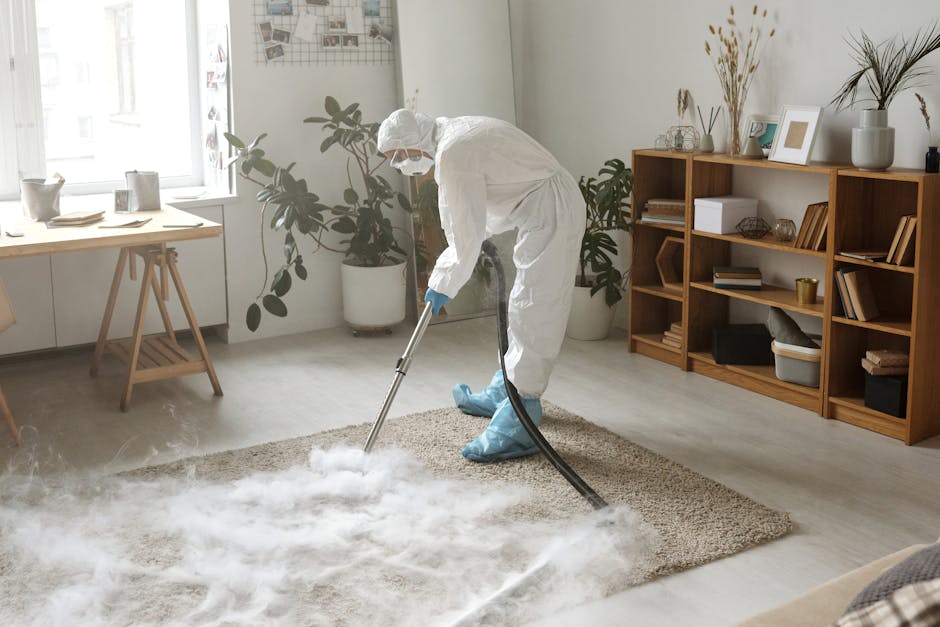 A close-up view of a vacuum cleaner with a black hose and head, actively cleaning an ornate, patterned beige and pastel-colored carpet in a well-lit room. The shiny, clean surfaces of the carpet are v
